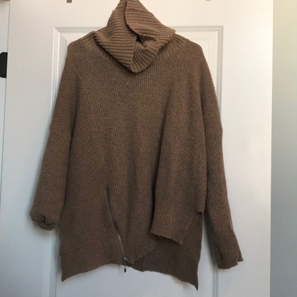 brown cowl neck sweater with accent zipper